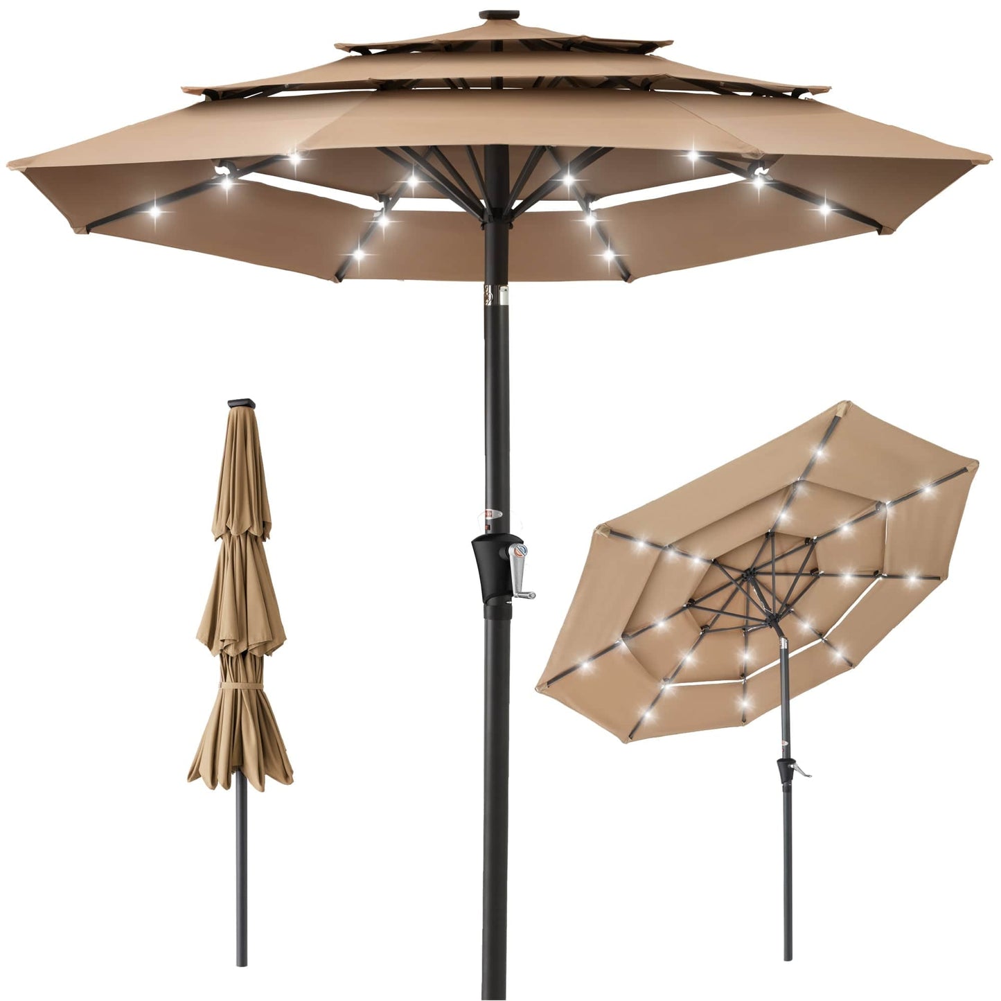 10ft 3-Tier Solar Patio Umbrella with Crank, Tilt Feature & 24 LED Lights