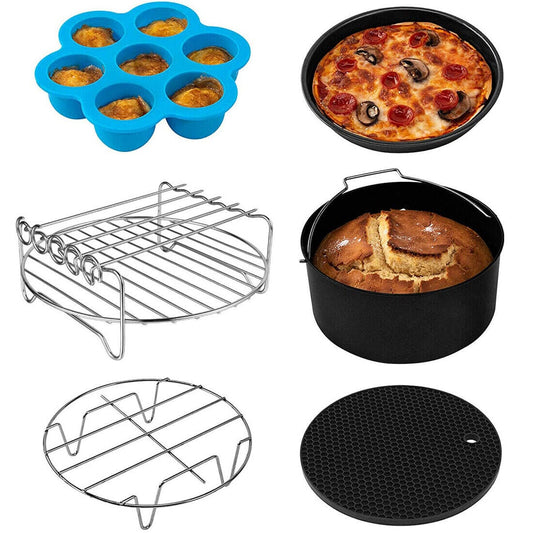 8-Inch Round Air Fryer Accessory Set - 6 Essential Baking Trays, Racks & Pans for Healthy Cooking - FREE SHIPPING