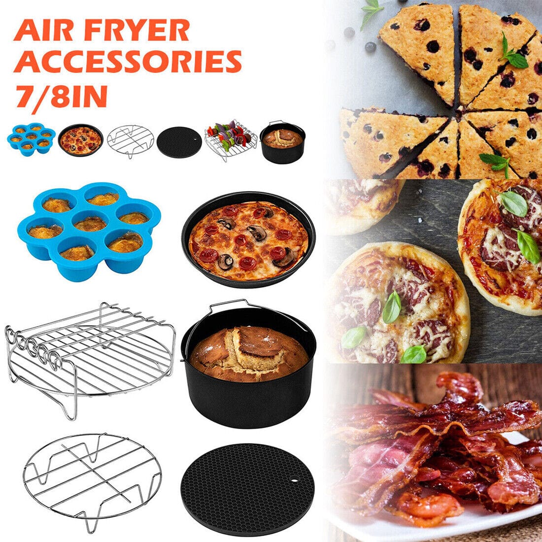 8-Inch Round Air Fryer Accessory Set - 6 Essential Baking Trays, Racks & Pans for Healthy Cooking - FREE SHIPPING