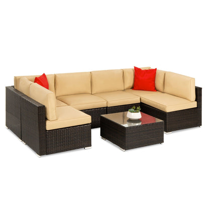 Modular 7-Piece Outdoor Wicker Sectional Set with Pillows and Cover