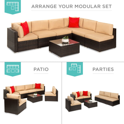 Modular 7-Piece Outdoor Wicker Sectional Set with Pillows and Cover