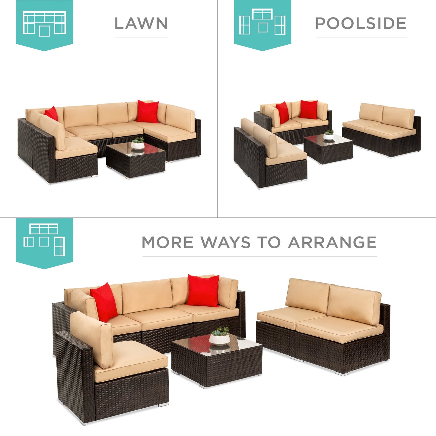 Modular 7-Piece Outdoor Wicker Sectional Set with Pillows and Cover