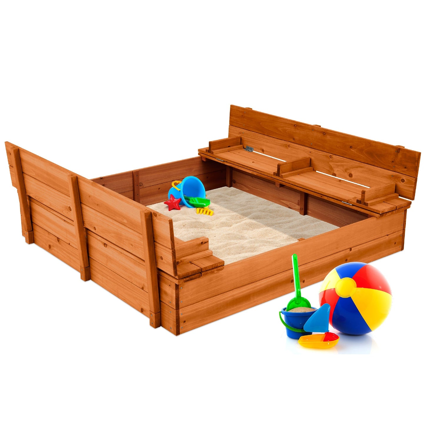 Kids Cedar Sandbox w/ Sand Screen, 2 Benches - 47x47in