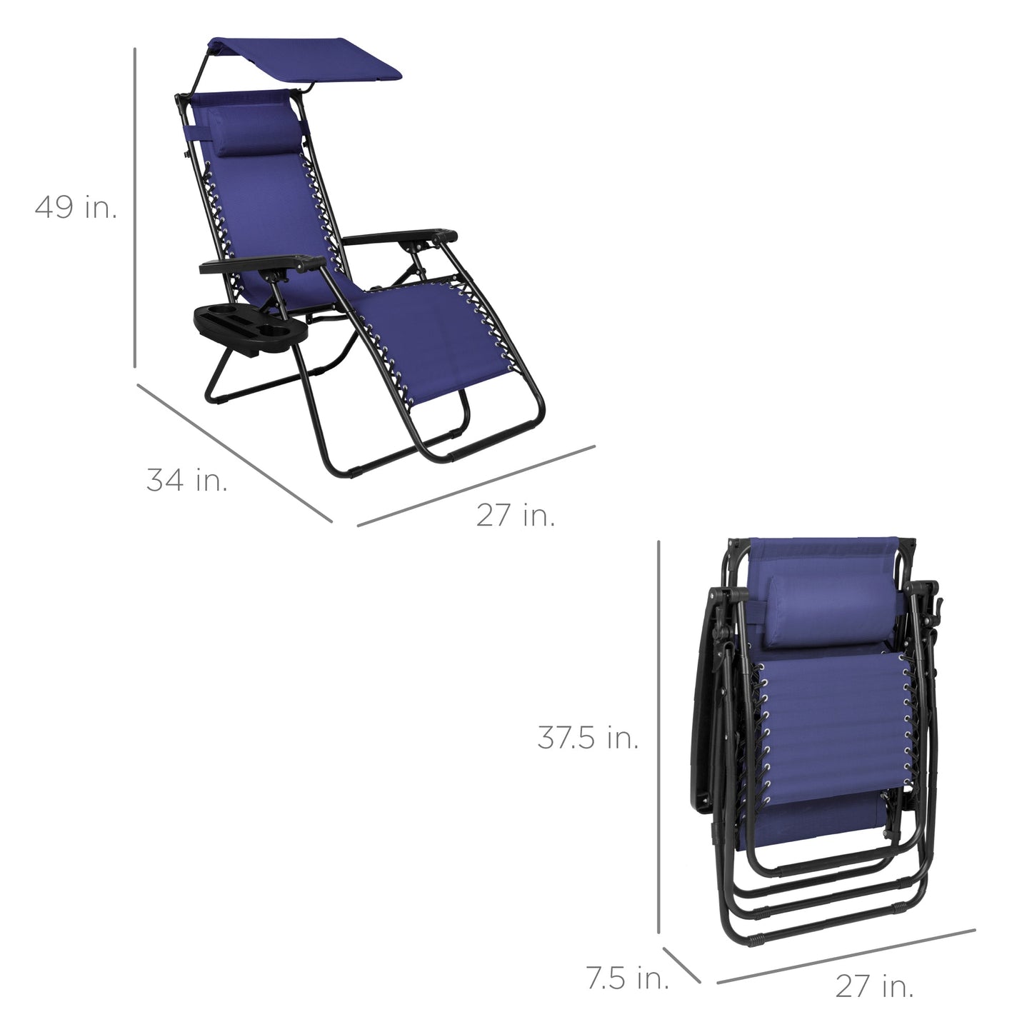 Folding Zero Gravity Recliner Patio Lounge Chair w/ Canopy, Side Tray