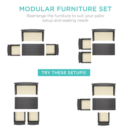 Modular 4-Piece Wicker Patio Conversation Set with Glass-Top Table and Cushions