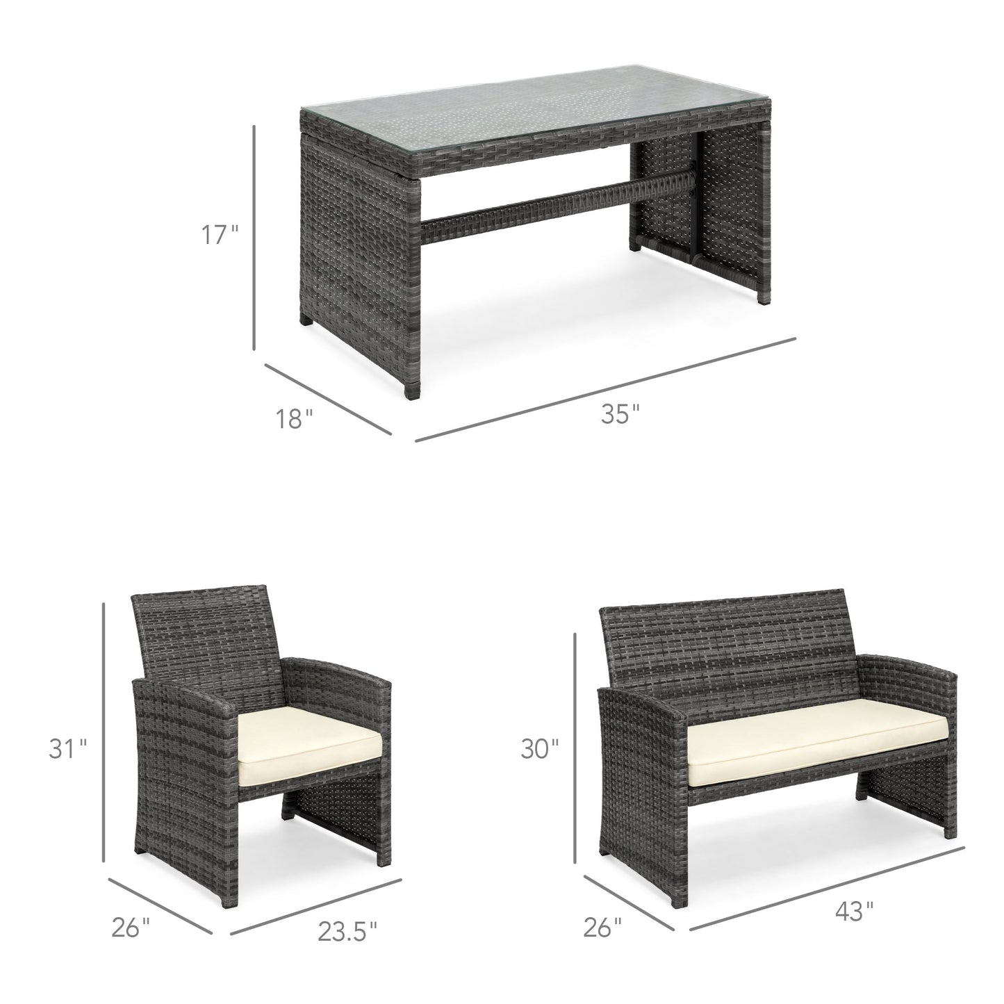 Modular 4-Piece Wicker Patio Conversation Set with Glass-Top Table and Cushions