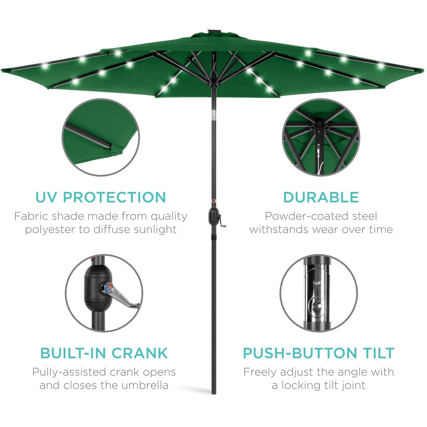 Solar LED Lighted Patio Umbrella w/ Tilt Adjustment, UV-Resistant- 10ft