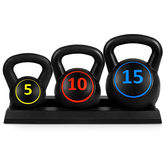 3-Weight Kettlebell Fitness Set with Ergonomic Handles and Storage Rack