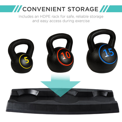 3-Weight Kettlebell Fitness Set with Ergonomic Handles and Storage Rack