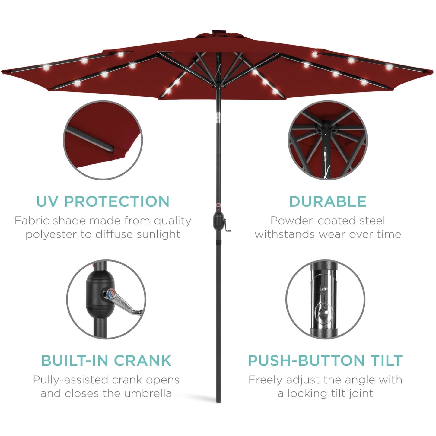 Solar LED Lighted Patio Umbrella w/ Tilt Adjustment, UV-Resistant- 10ft