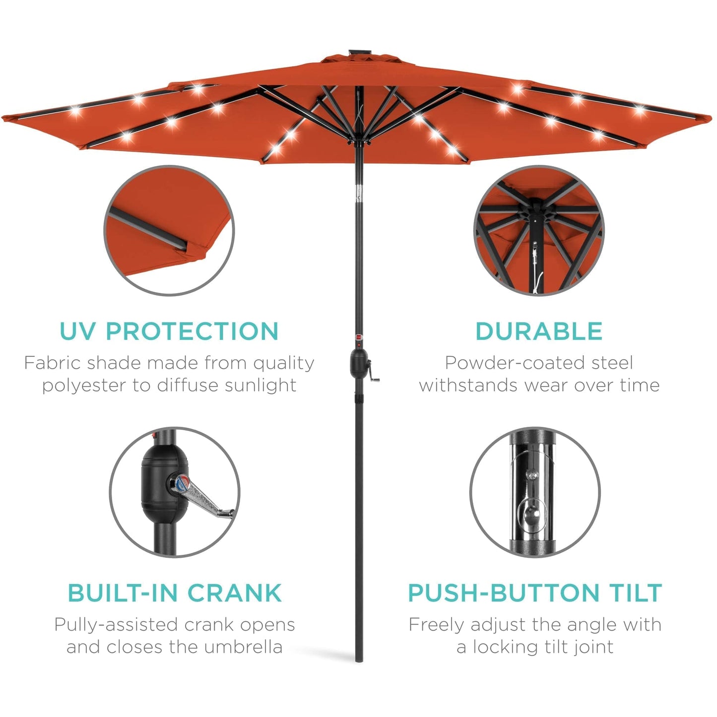 Solar LED Lighted Patio Umbrella w/ Tilt Adjustment, UV-Resistant- 10ft