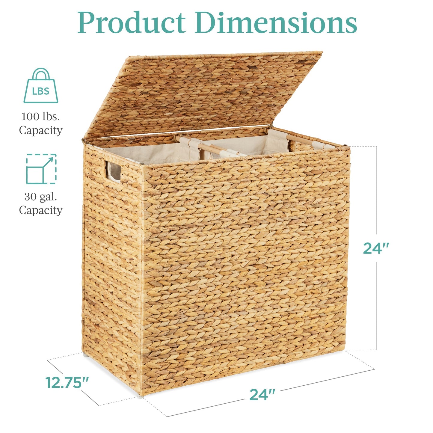 Large Water Hyacinth Double Laundry Hamper Basket w/ 2 Liner Bags