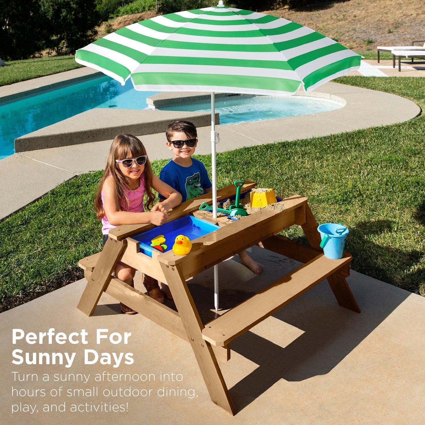 Wooden 3-in-1 Outdoor Kids Sand & Water Play Table with Adjustable Umbrella