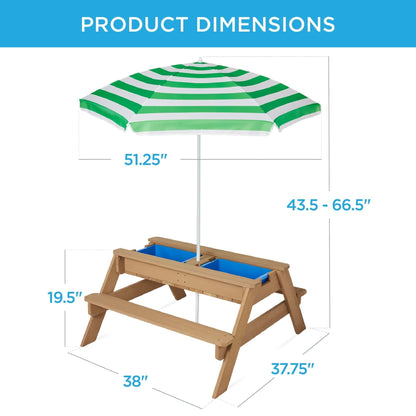 Wooden 3-in-1 Outdoor Kids Sand & Water Play Table with Adjustable Umbrella