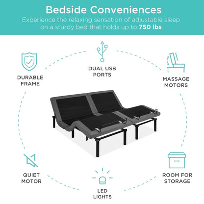 Smart Adjustable Bed Frame with Massage Function, Wireless Remote, and USB Charging Ports