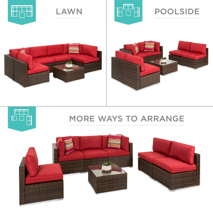 Modular 7-Piece Outdoor Wicker Sectional Set with Pillows and Cover