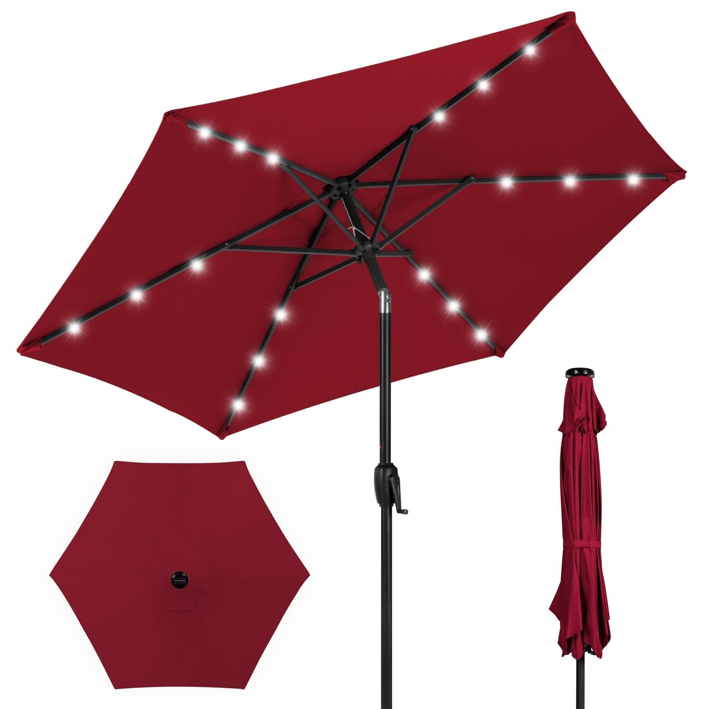 Outdoor Solar Patio Umbrella w/ Push Button Tilt, Crank Lift - 7.5ft