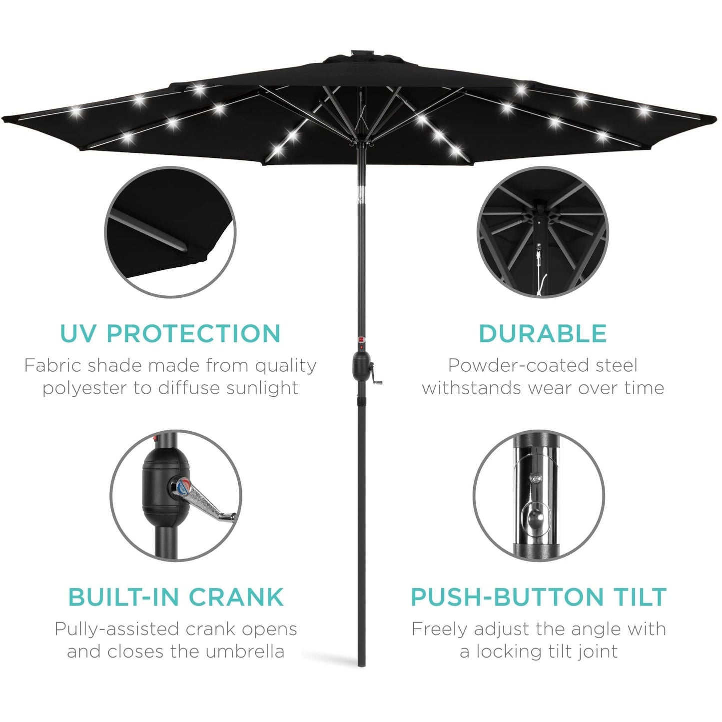 Solar LED Lighted Patio Umbrella w/ Tilt Adjustment, UV-Resistant- 10ft