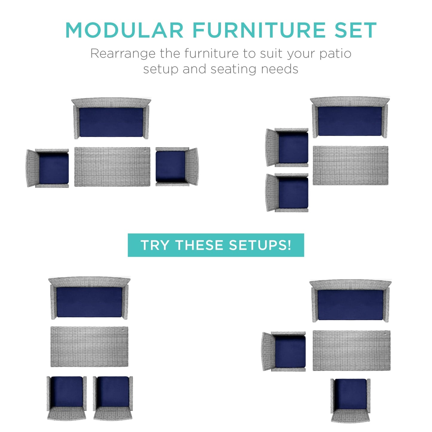 Modular 4-Piece Wicker Patio Conversation Set with Glass-Top Table and Cushions