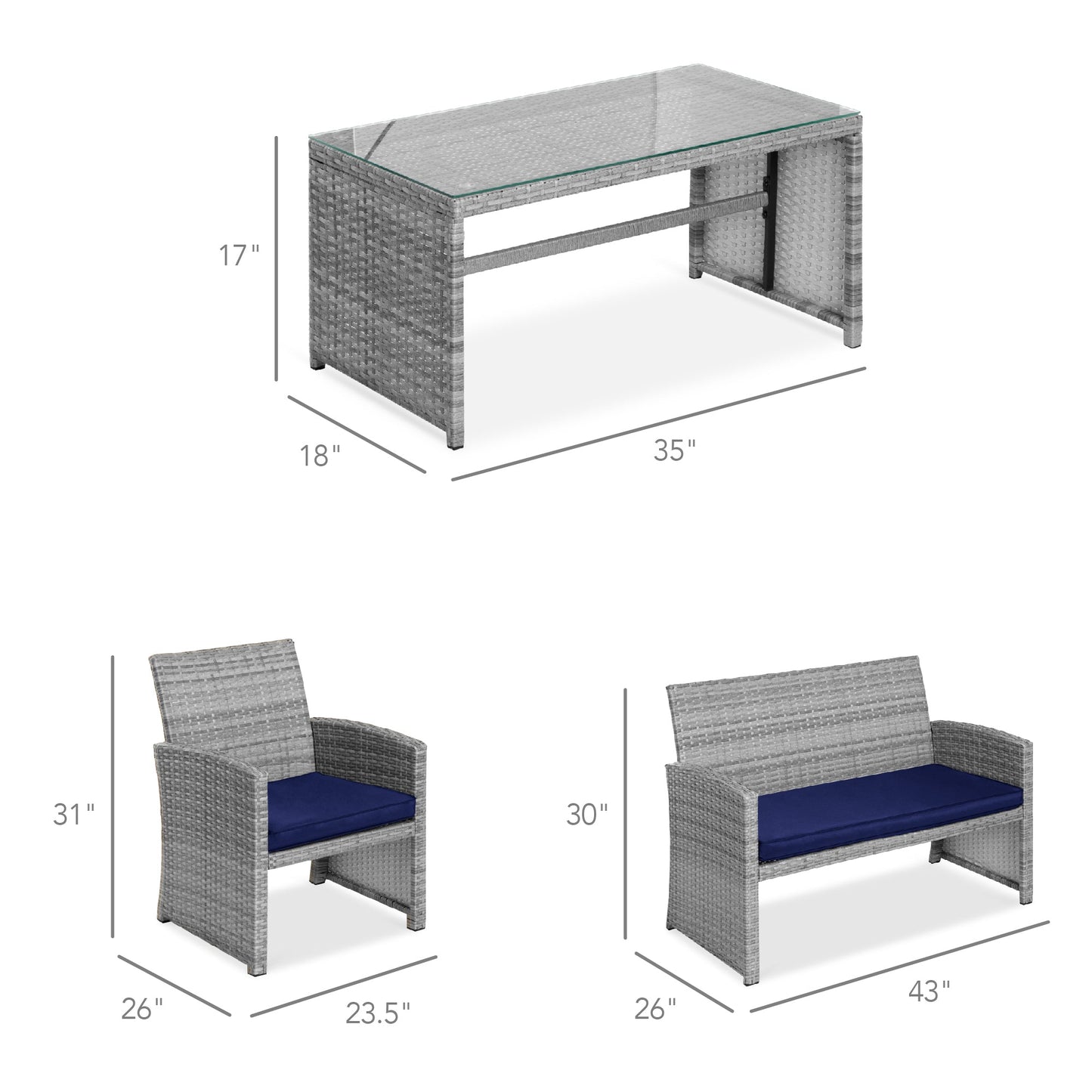 Modular 4-Piece Wicker Patio Conversation Set with Glass-Top Table and Cushions