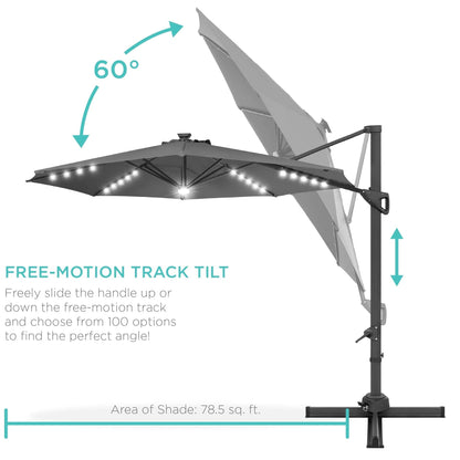 10ft 360-Degree Rotating Solar LED Offset Patio Umbrella with Adjustable Tilt