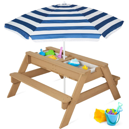 Wooden 3-in-1 Outdoor Kids Sand & Water Play Table with Adjustable Umbrella