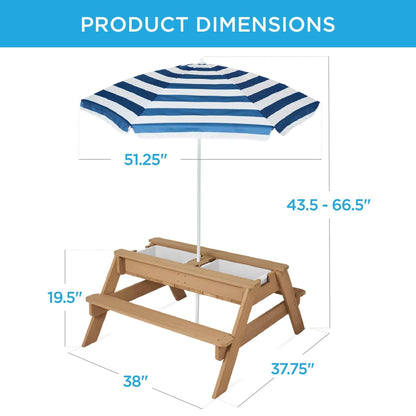 Wooden 3-in-1 Outdoor Kids Sand & Water Play Table with Adjustable Umbrella