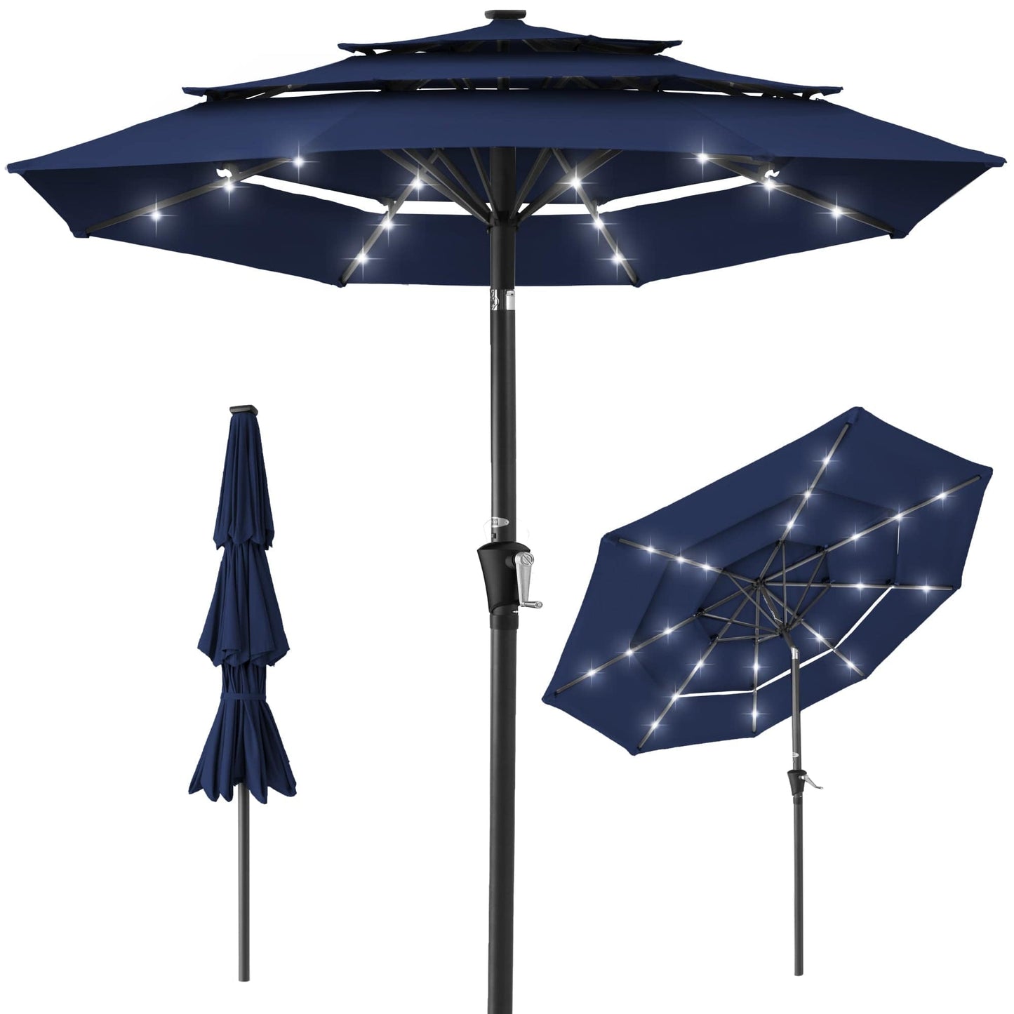 10ft 3-Tier Solar Patio Umbrella with Crank, Tilt Feature & 24 LED Lights