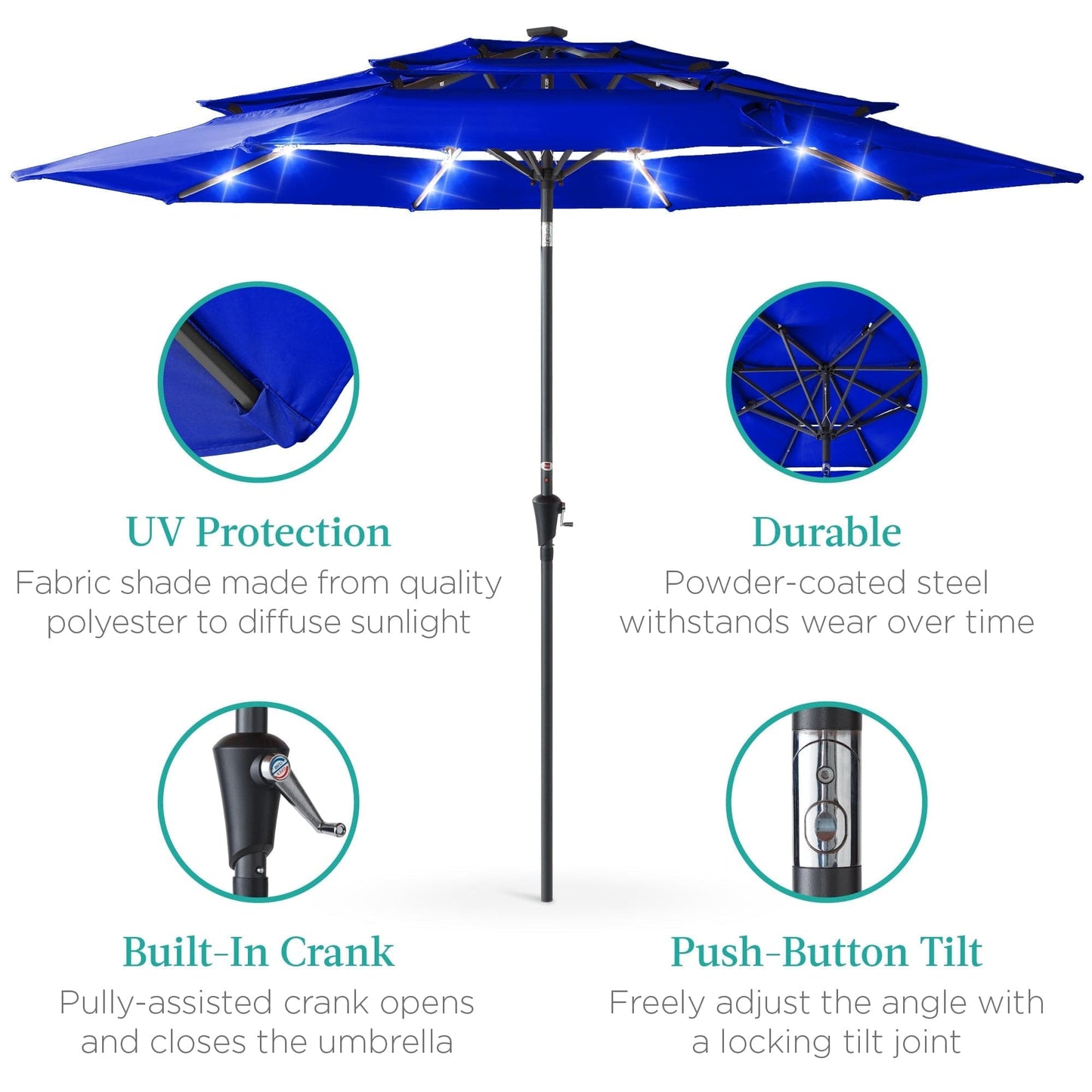 10ft 3-Tier Solar Patio Umbrella with Crank, Tilt Feature & 24 LED Lights