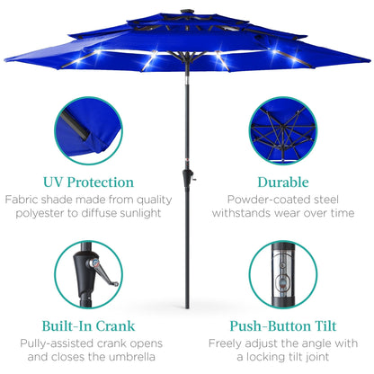 10ft 3-Tier Solar Patio Umbrella with Crank, Tilt Feature & 24 LED Lights