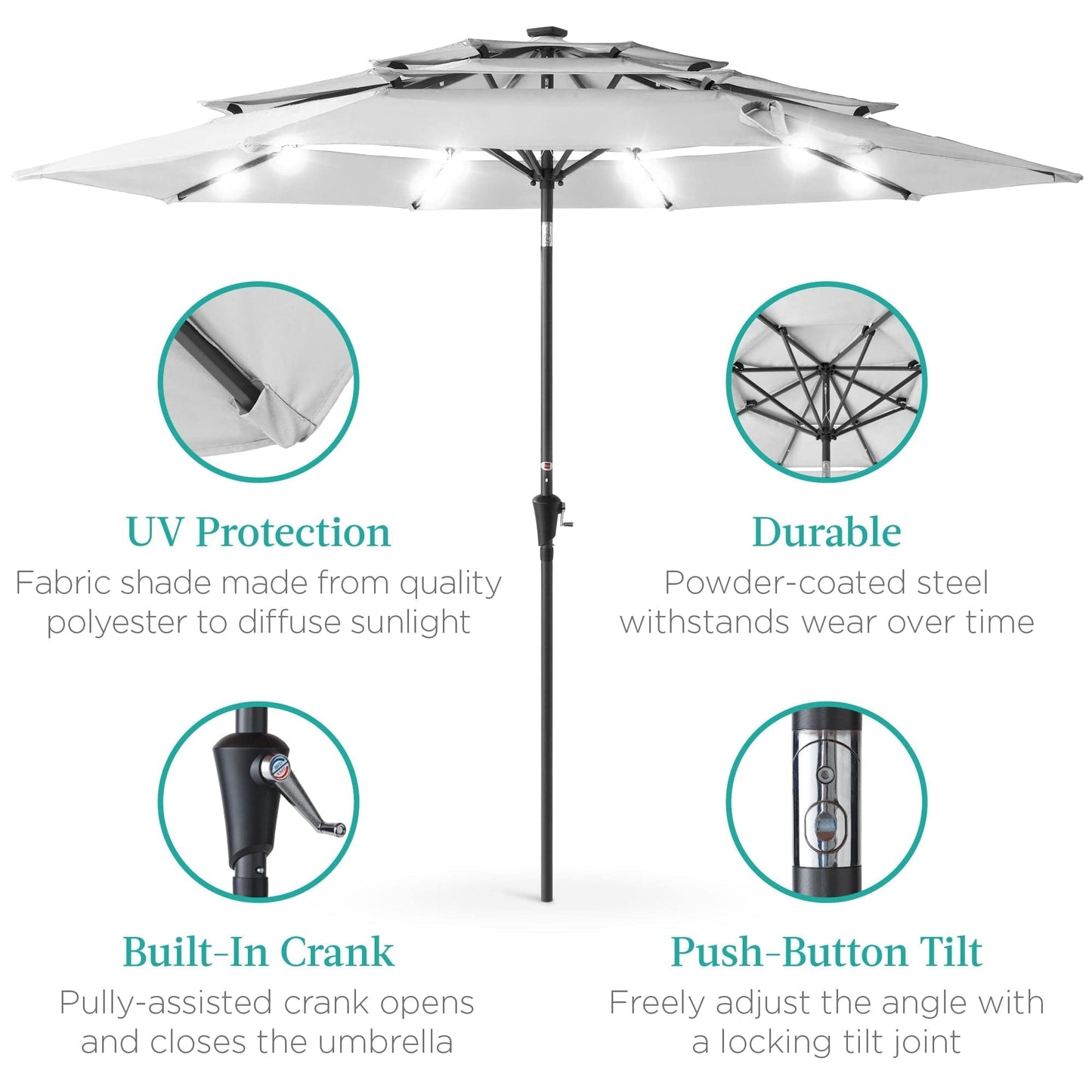 10ft 3-Tier Solar Patio Umbrella with Crank, Tilt Feature & 24 LED Lights