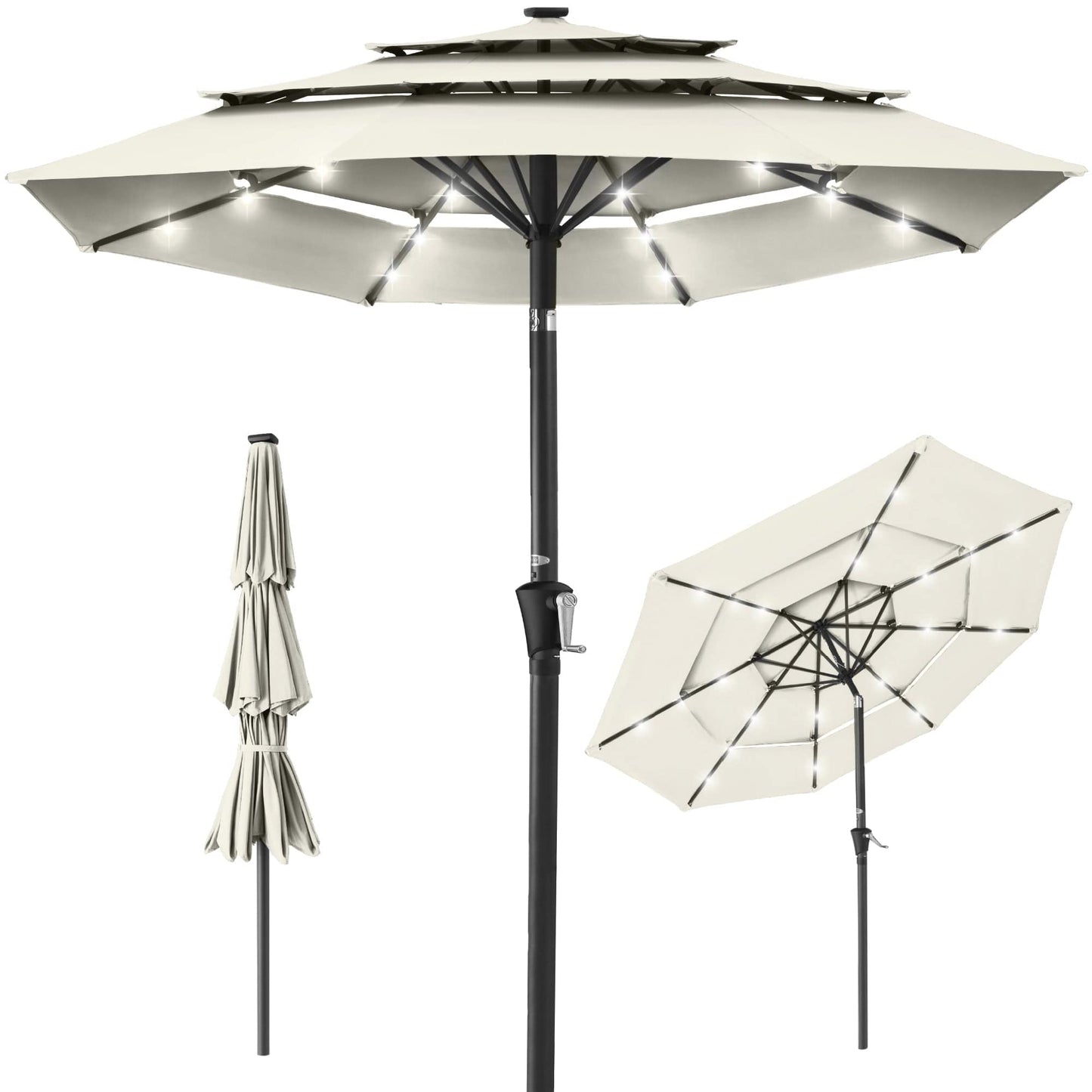 10ft 3-Tier Solar Patio Umbrella with Crank, Tilt Feature & 24 LED Lights