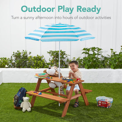 Kids Wooden Outdoor Picnic Table w/ Adjustable Umbrella, Built-In Seats