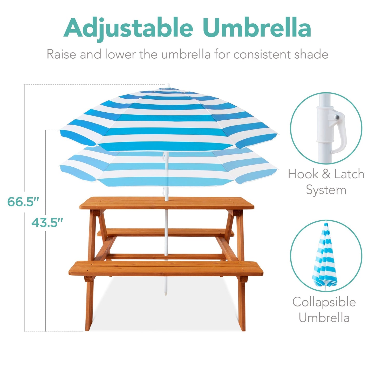 Kids Wooden Outdoor Picnic Table w/ Adjustable Umbrella, Built-In Seats