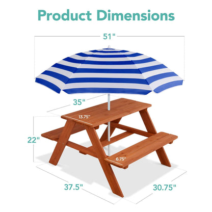 Kids Wooden Outdoor Picnic Table w/ Adjustable Umbrella, Built-In Seats