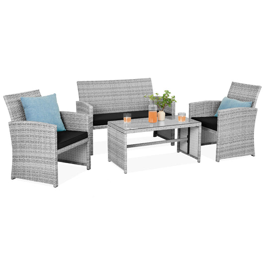 Modular 4-Piece Wicker Patio Conversation Set with Glass-Top Table and Cushions