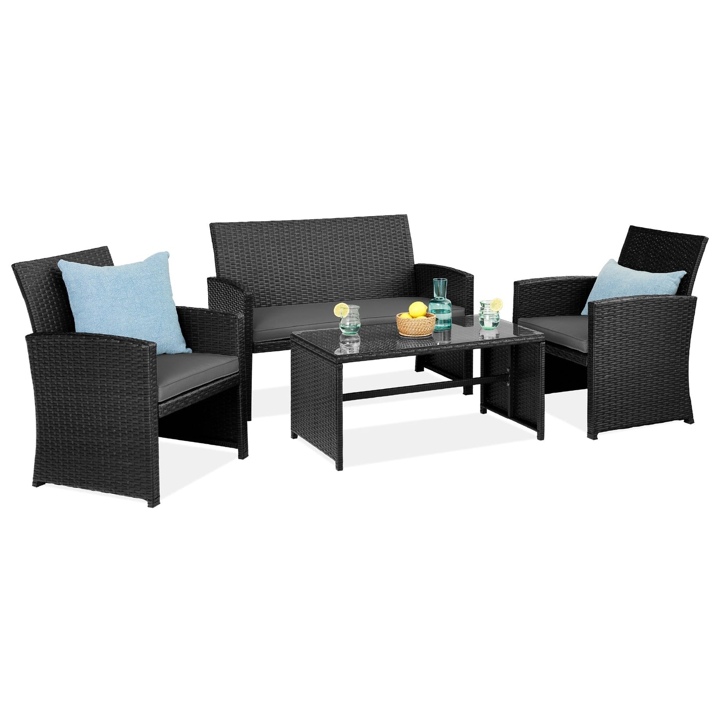 Modular 4-Piece Wicker Patio Conversation Set with Glass-Top Table and Cushions