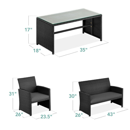 Modular 4-Piece Wicker Patio Conversation Set with Glass-Top Table and Cushions