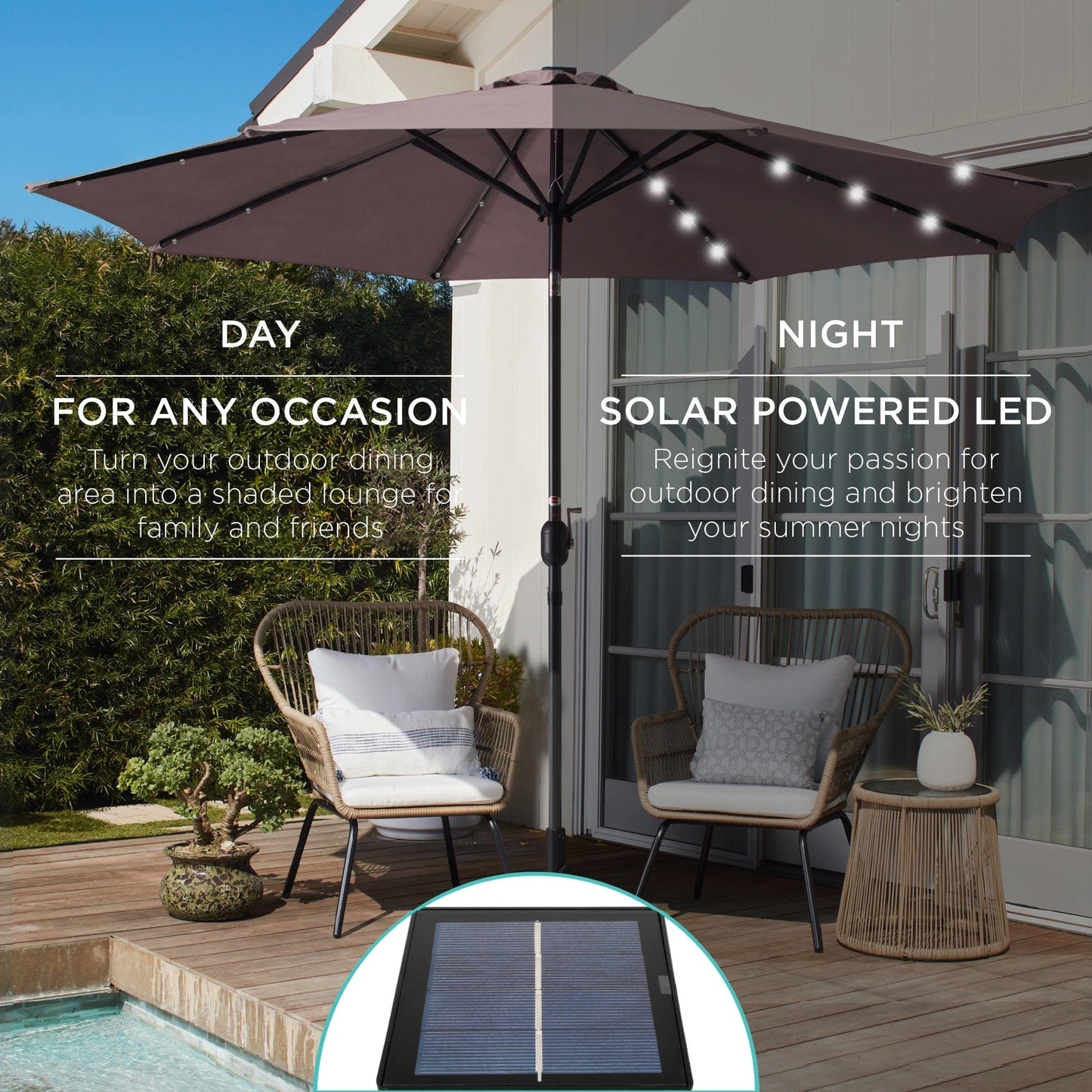 Solar LED Lighted Patio Umbrella w/ Tilt Adjustment, UV-Resistant- 10ft