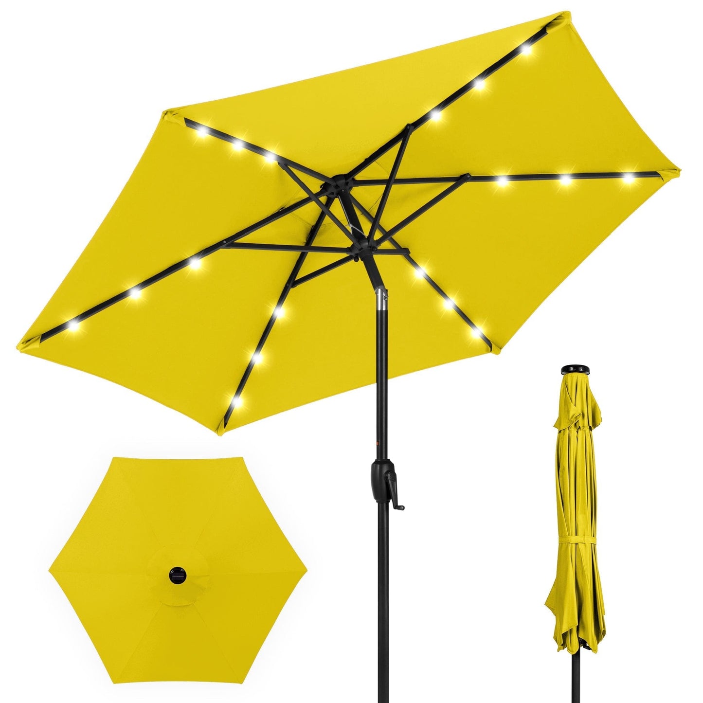 Outdoor Solar Patio Umbrella w/ Push Button Tilt, Crank Lift - 7.5ft