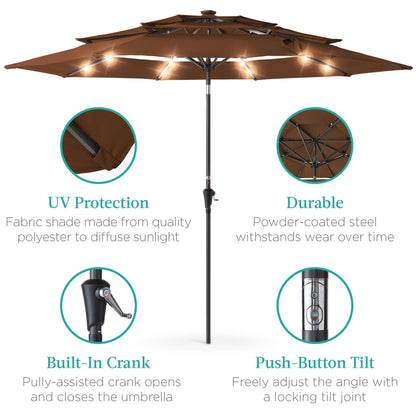 10ft 3-Tier Solar Patio Umbrella with Crank, Tilt Feature & 24 LED Lights