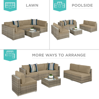 Modular 7-Piece Outdoor Wicker Sectional Set with Pillows and Cover