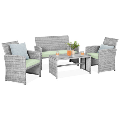 Modular 4-Piece Wicker Patio Conversation Set with Glass-Top Table and Cushions