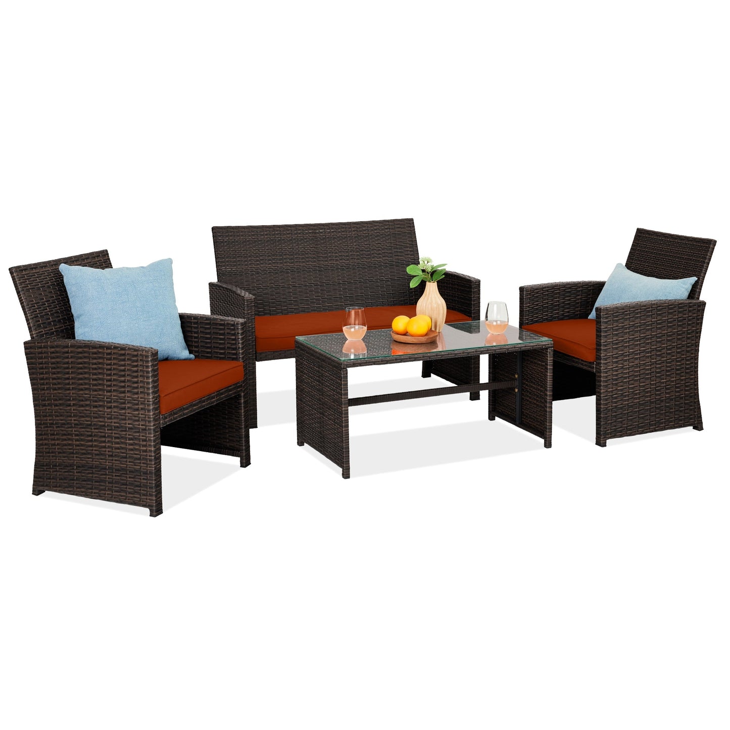 Modular 4-Piece Wicker Patio Conversation Set with Glass-Top Table and Cushions