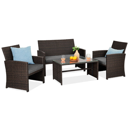 Modular 4-Piece Wicker Patio Conversation Set with Glass-Top Table and Cushions