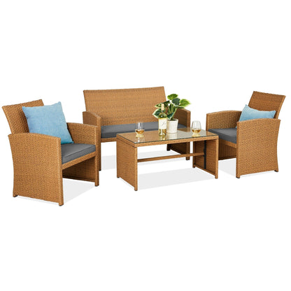 Modular 4-Piece Wicker Patio Conversation Set with Glass-Top Table and Cushions