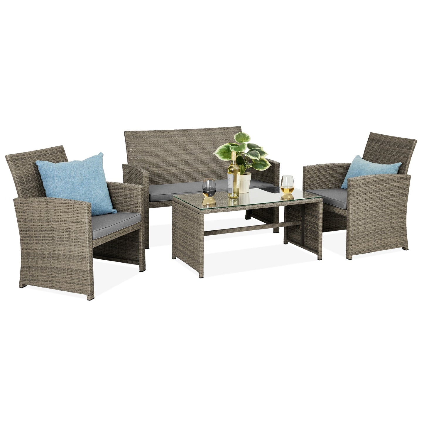 Modular 4-Piece Wicker Patio Conversation Set with Glass-Top Table and Cushions