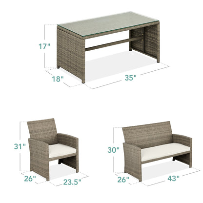 Modular 4-Piece Wicker Patio Conversation Set with Glass-Top Table and Cushions