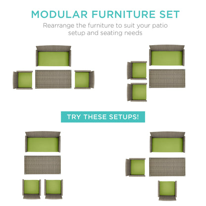 Modular 4-Piece Wicker Patio Conversation Set with Glass-Top Table and Cushions