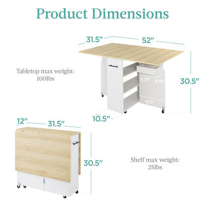 Multipurpose Folding Table w/ Wheels, 3 Storage Shelves, Cubby, Handle